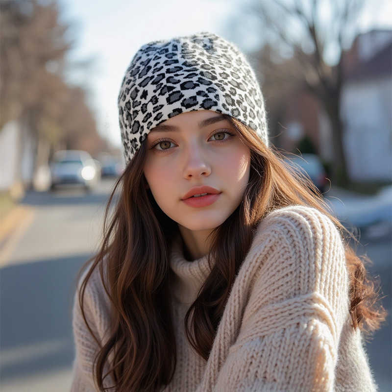 New Leopard Print Bare Knit Hat Warm Windproof Rolled Brim Round Top Hat Jacquard Knit Hat H251020