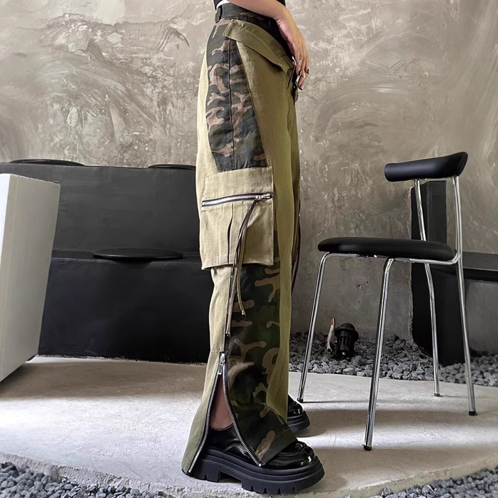 2025 American designer high waisted work pants fake two-piece set luxury pants patchwork leopard print jeans camouflage pants street hip-hop straight 