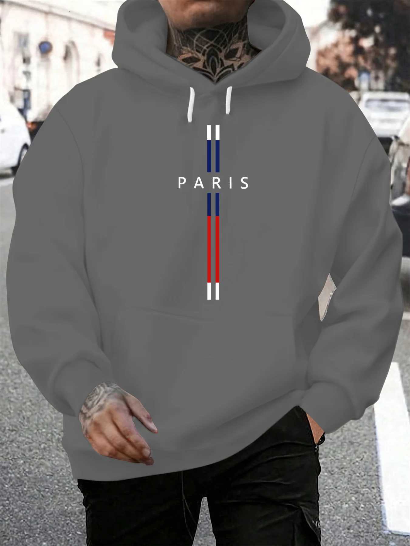 Mens autumn and winter casual fashionable loose hooded sweatshirt Paris letter printed long sleeved warm pullover W251021