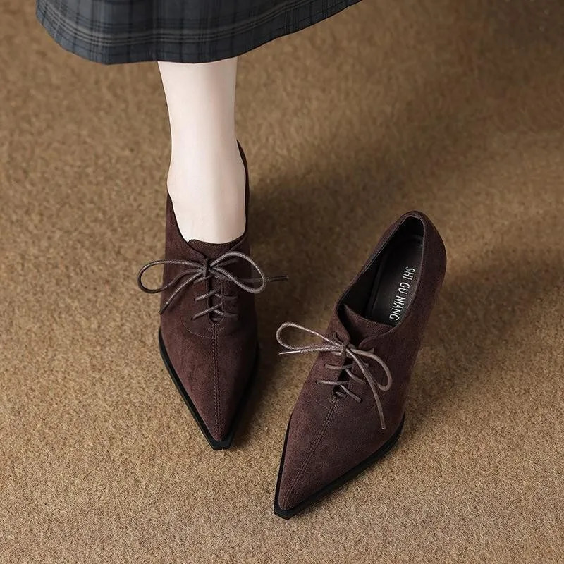 Krazing Pot Sheep Suede Comfort Spring Shoes Chunky Heels Oxford Shoes Pointed Toe Lace Up Women Deep Mouth British School Pumps 251017