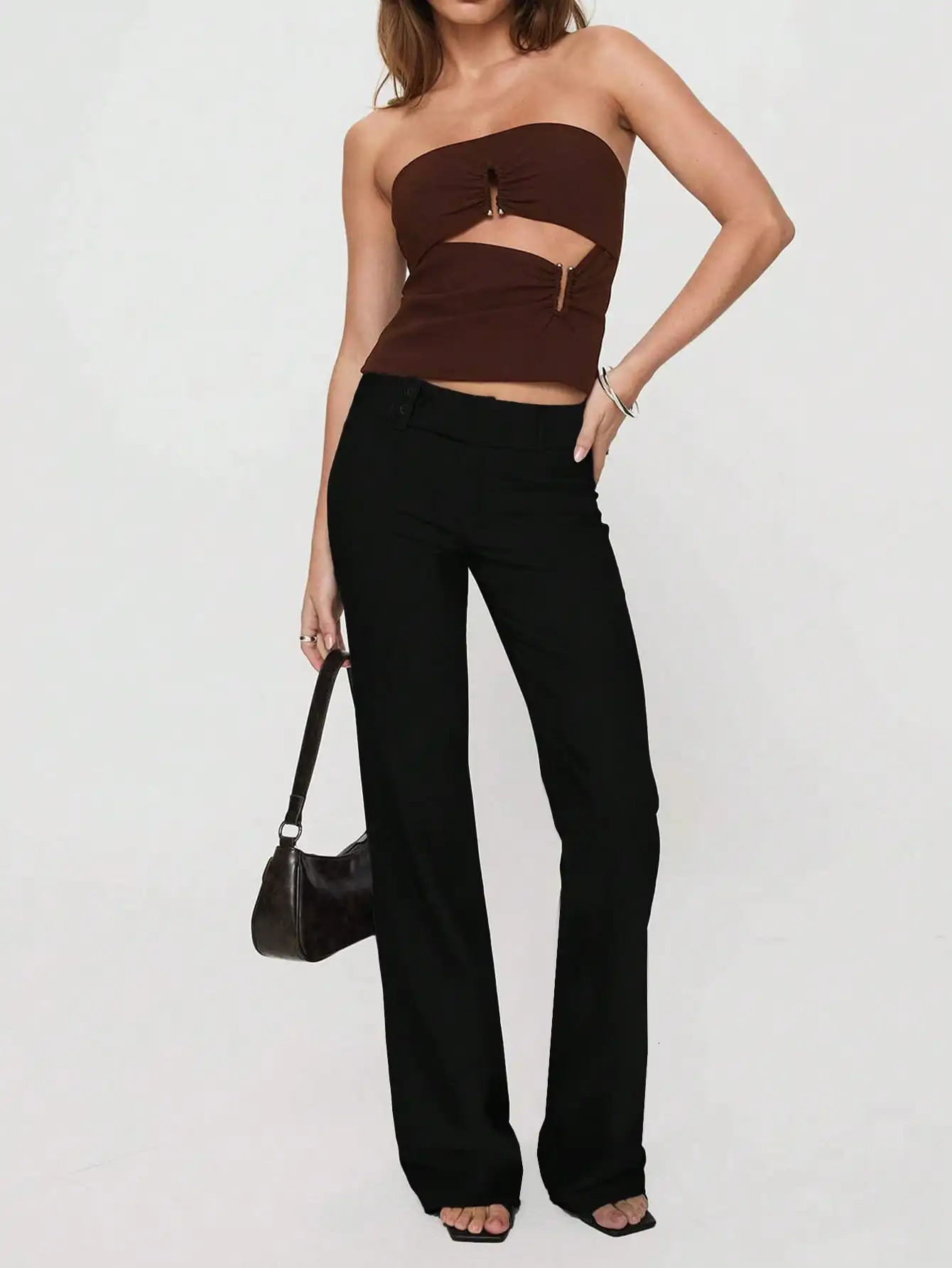 Women Low Drop Waist Casual Work Business Button n Elastic Color Block Striped Long Pants Suitable for Office 251017