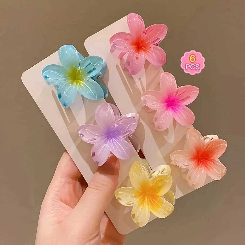 6pcs Hawaiian Gradient Hair Clips Small Flower Hair Claws Crab Barrettes Fashionable Headwear Accessories for WomenW254021