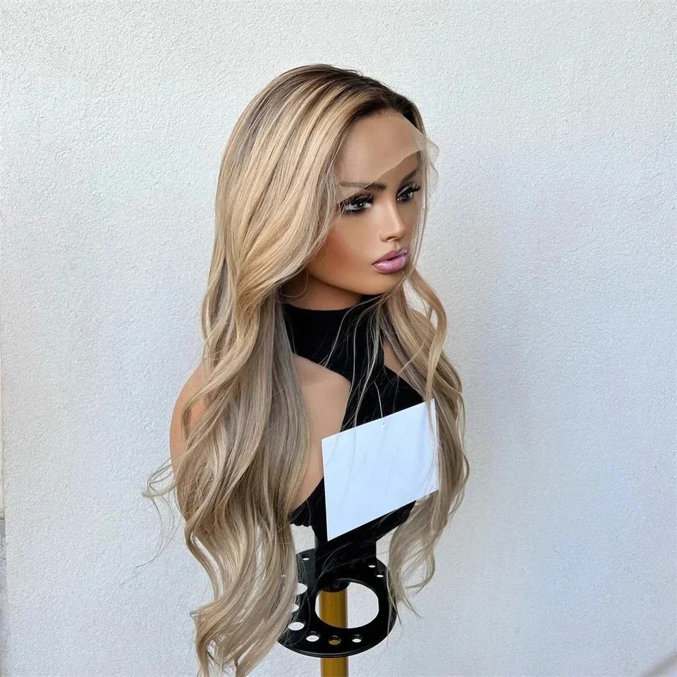 13X4 Lace Frontal Hd Ombre Platinum Blonde Lace Front Wig Highlight Women's 13X6 Body Wave Human Hair Wig Heat Resistant Cosplay Party