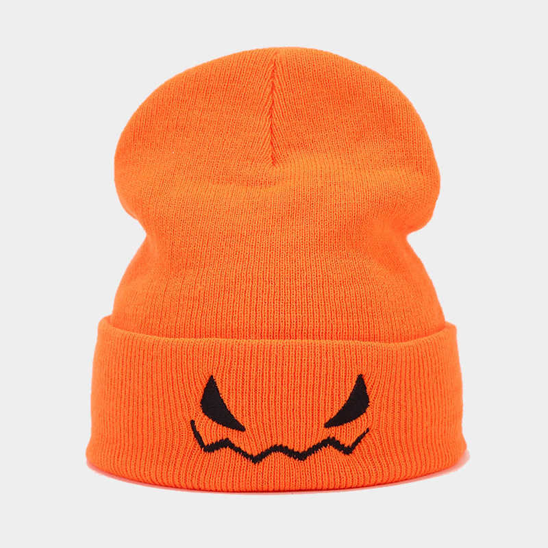 New Halloween Pumpkin Embroidered Orange Knitted Hat for Men and Women Mischievous Woolen Hoodie Trendy H251020