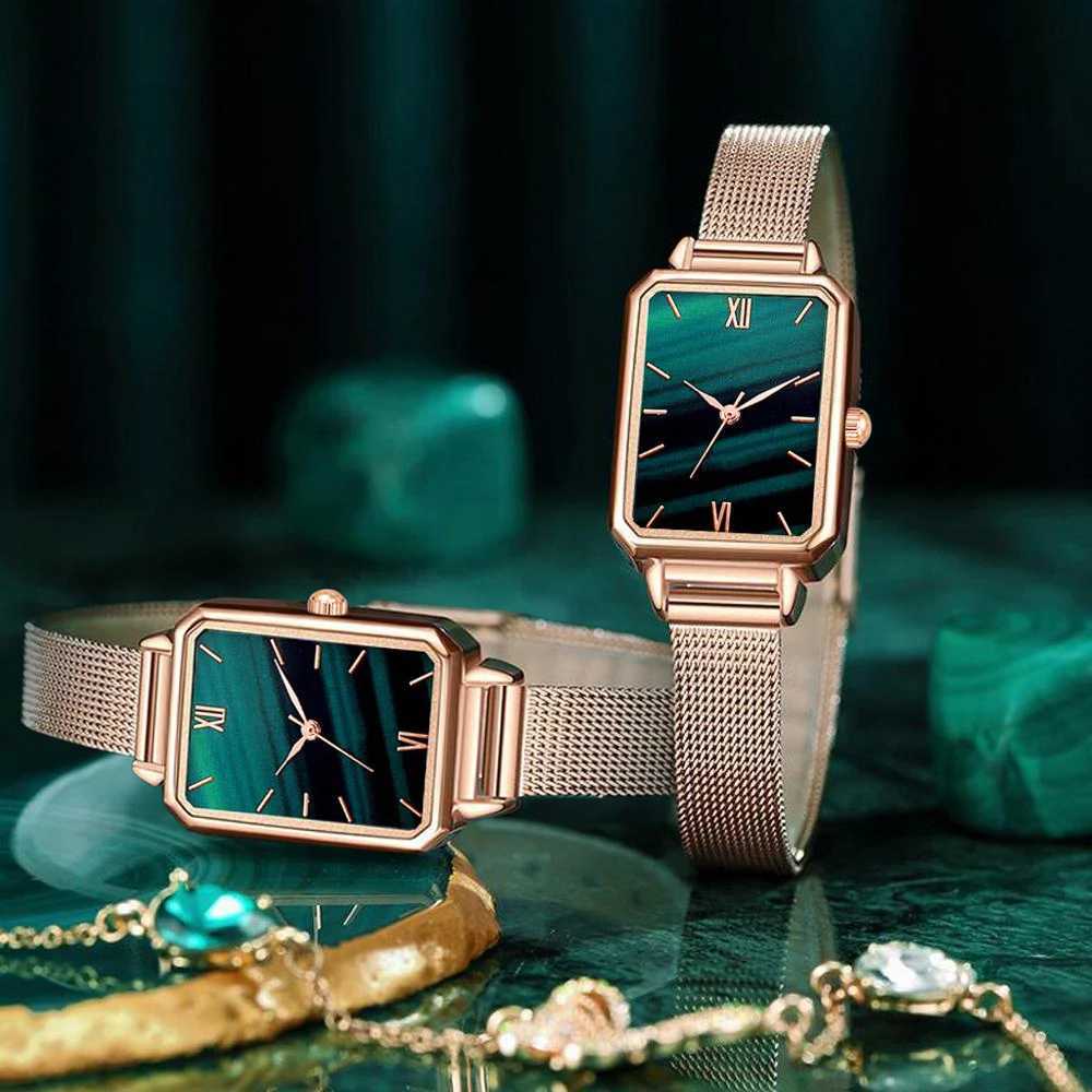 Women es Fashion Square Ladies Quartz Bracelet Set Green Dial Simple Rose Gold Mesh Luxury Women esXJ251021