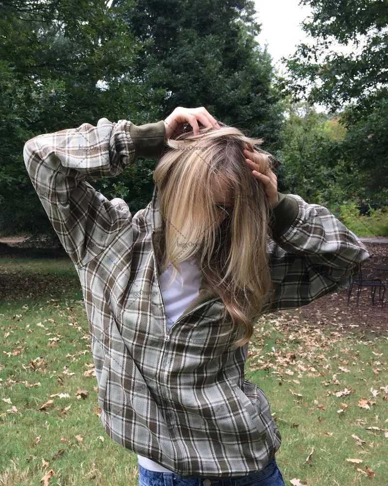 Harajuku Retro High Street Classic Plaid Zip Hoodie Women Y2K 2025 Hiphop Casual Fashion Vintage Loose Oversized Sweatshirt Men W251021