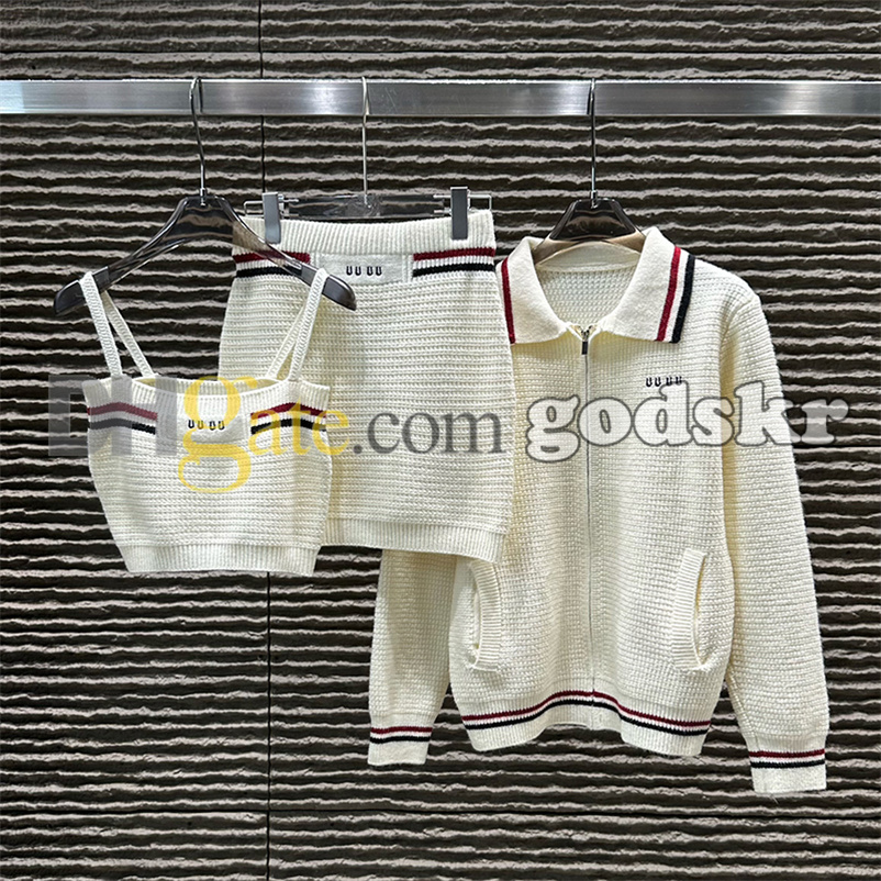 Women Preppy Style Knitted Skirt Set Designer Cardigan Camisole Wrap Skirt Outfits Sexy Leopard Embroidered Skirt