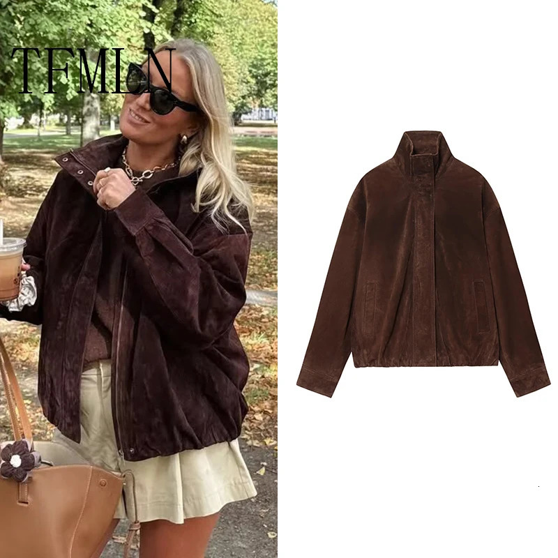 TFMLN Fashion Womens Suede Jackets Female Pockets Elegant Warm Coat Chic Street Zipper Casual Coats 251021