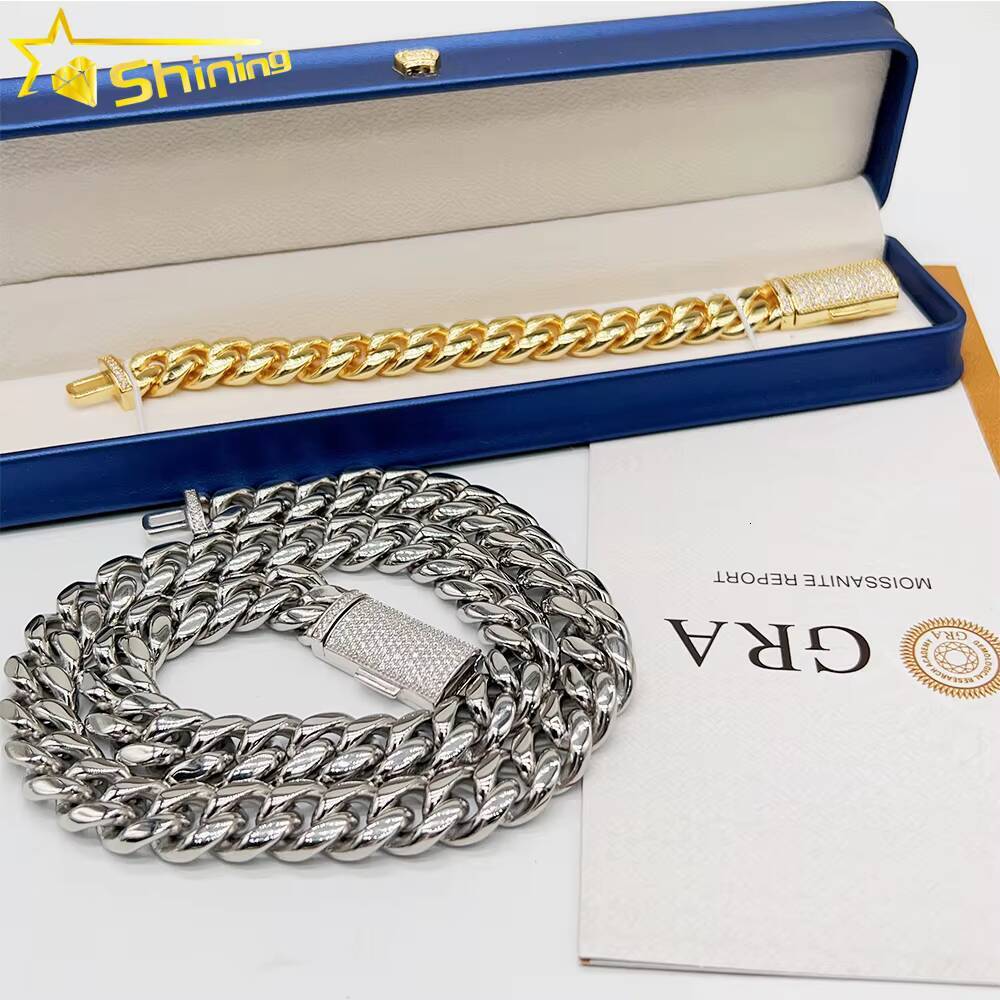 Hot Sale Stainless Steel Jewelry Necklace 925 Silver Iced Out Moissanite Box Lock 14mm Stainless Steel Cuban Link Chain