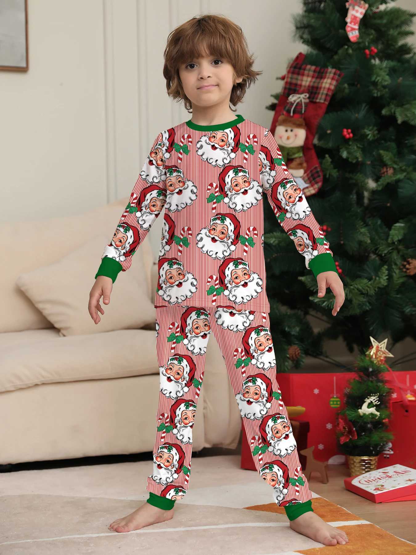 Parent Child Christmas Pajamas Set Pink White Stripe Santa Claus Green Trim Prints L251021LGBL