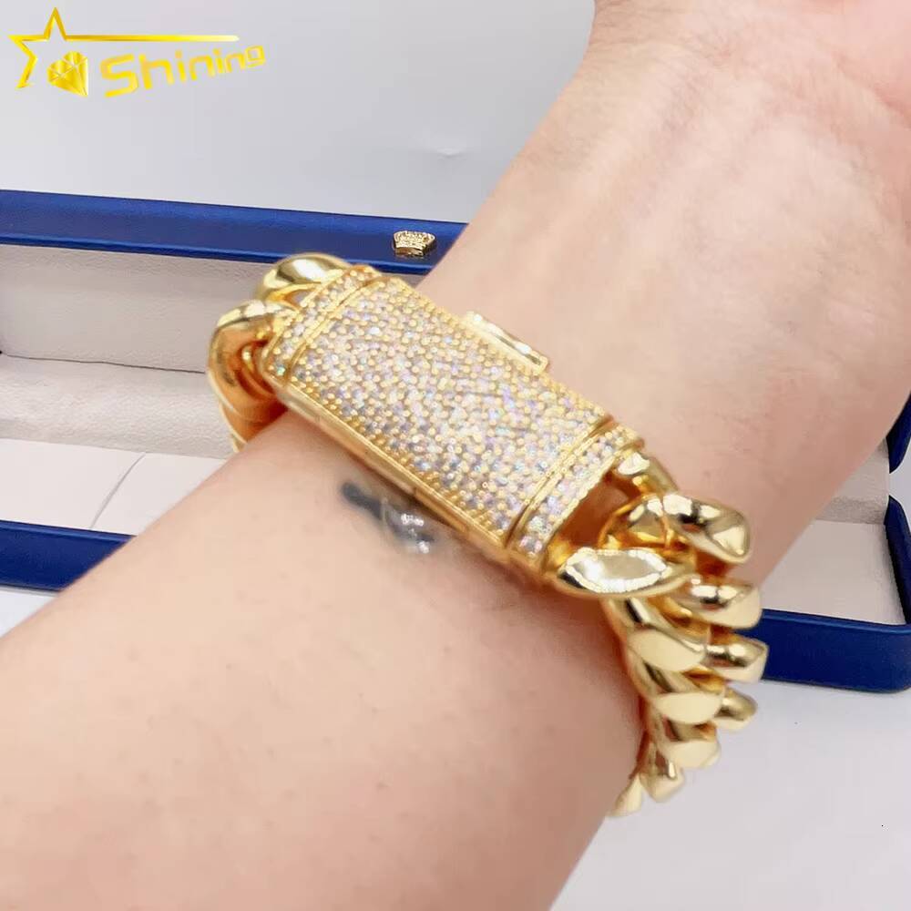 Hot Sale Stainless Steel Jewelry Necklace 925 Silver Iced Out Moissanite Box Lock 14mm Stainless Steel Cuban Link Chain