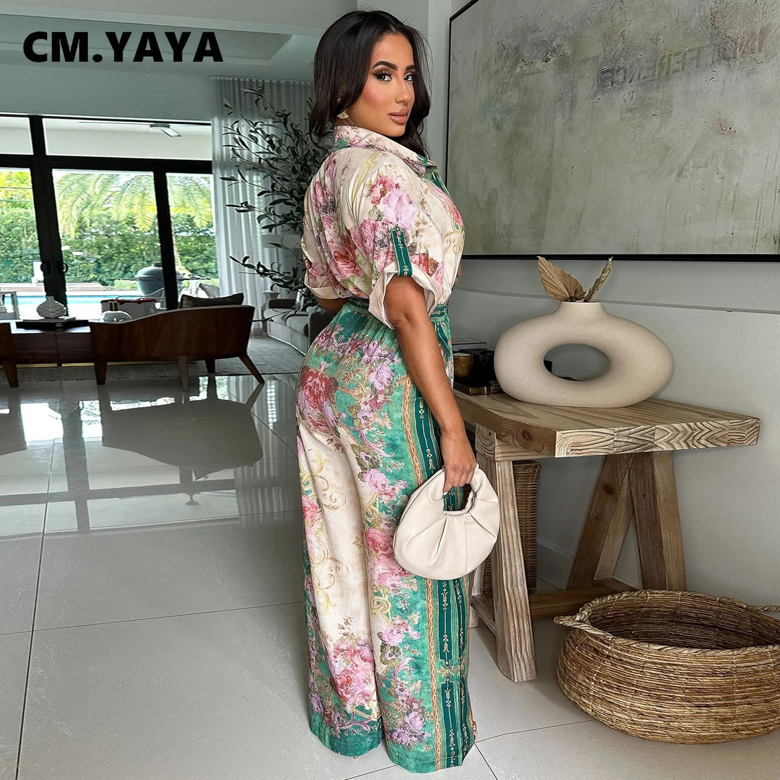 CMYAYA Women Floral Printed Vintage Blouse Style Wide Leg Jumpsuits Summer Beach Night Club Playsuit One Piece Suit Romper 251020 - view 3