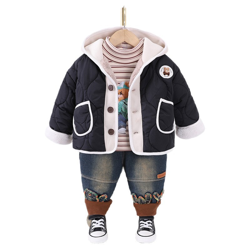 Winter Warm 2025 New Kids 3-Piece Fleece-Lined Set, Thermal Padded Cotton Outfit for Boys and Girls, Cute Winter Clothing for Babies and Toddlers