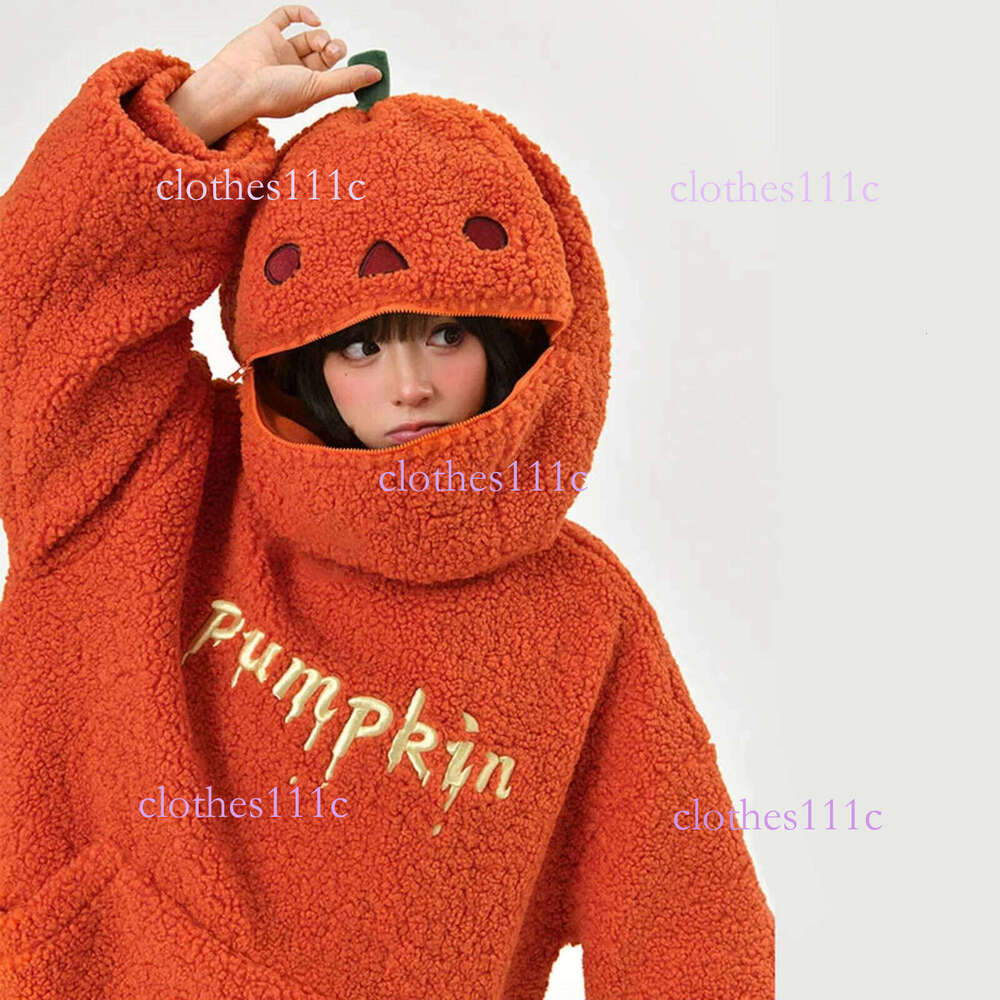 Autumn Hoodies Halloween Party Pumpkin Head Lamb Fleece Women Hooded Sweatshirt Embroidery Thicken Streetwear