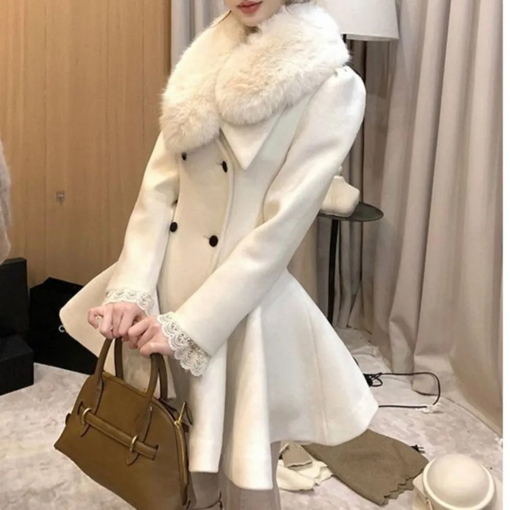 Neploe French Elegant Hepburn Slim Waist Coat Warm Big Swing High Street Advanced Blends Party Banquet Woolen Celebrity Outwears 251020