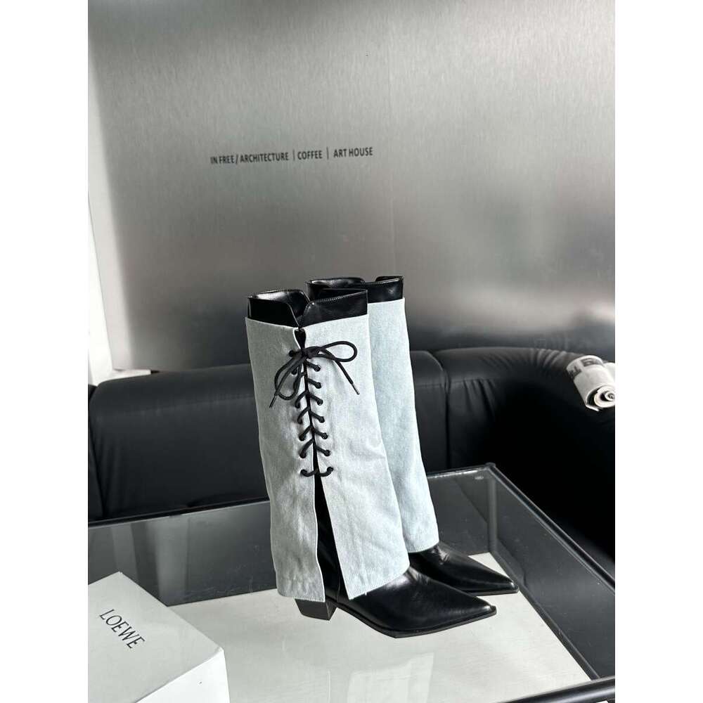 Pointed Toe Chunky High Heel Long 2025 Autumn Winter New Denim Lace-up Cuff Designer Shoe Niche Fashion Boots for Women