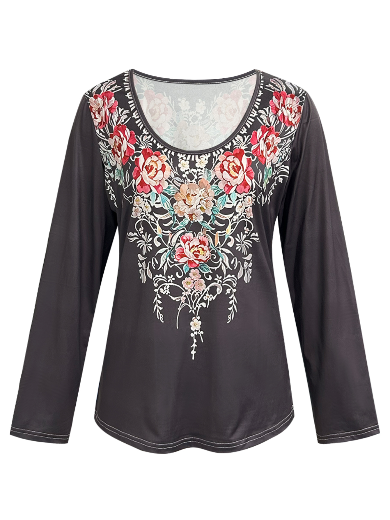 Women's Autumn & Winter New Ethnic Style Floral Printed Fashion Long Sleeve Top, Milk Silk Casual Versatile T-Shirt (S-XXL, Black)-CF52893