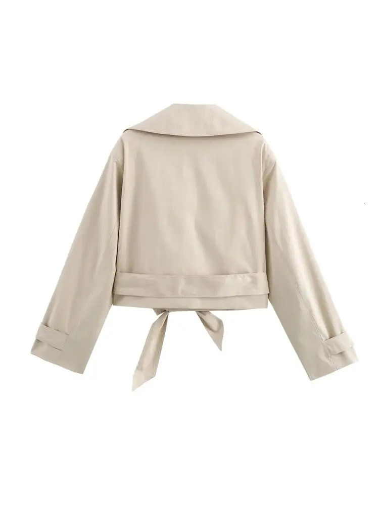 Double Breasted Crop Trench Coat for Women Fashion Belt Long Sleeve Lapel Collar Chic Outerwear Female Tops 251021