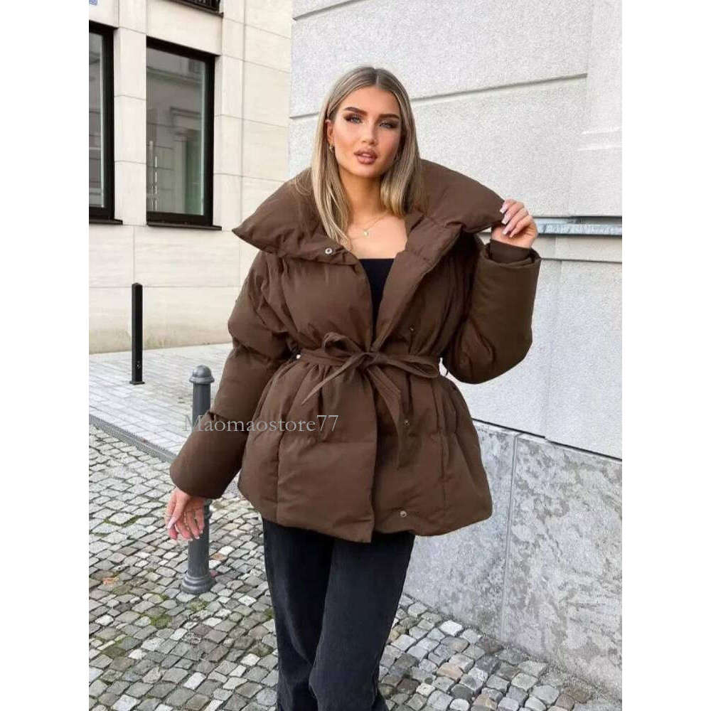 Solid Lapel Lace Up Cotton Coat Women Fashion Long Sleeve Warm Loose Pocket Short Coats Lady New Winter Commute Street Outwears womens coat