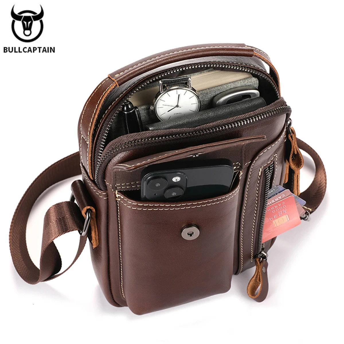 BULLCAPTAIN Casual Fashion Mens Messenger Bags Business Portable Handbag Man Leather Shoulder Bag Mobile 65 Phone 251014