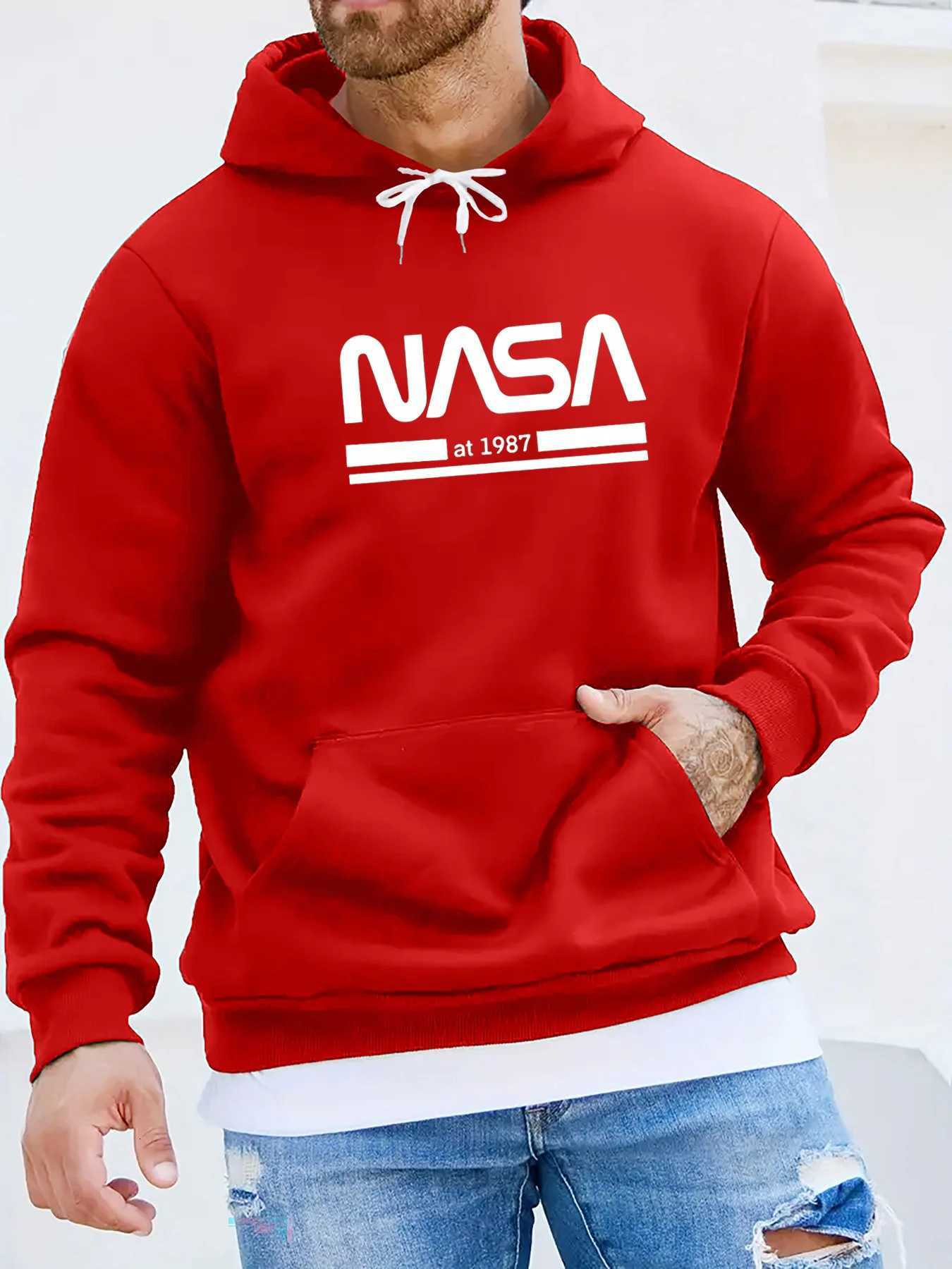 Mens autumn and winter casual fashionable loose hoodie NASA letter printed long sleeved warm pullover sweater W251021