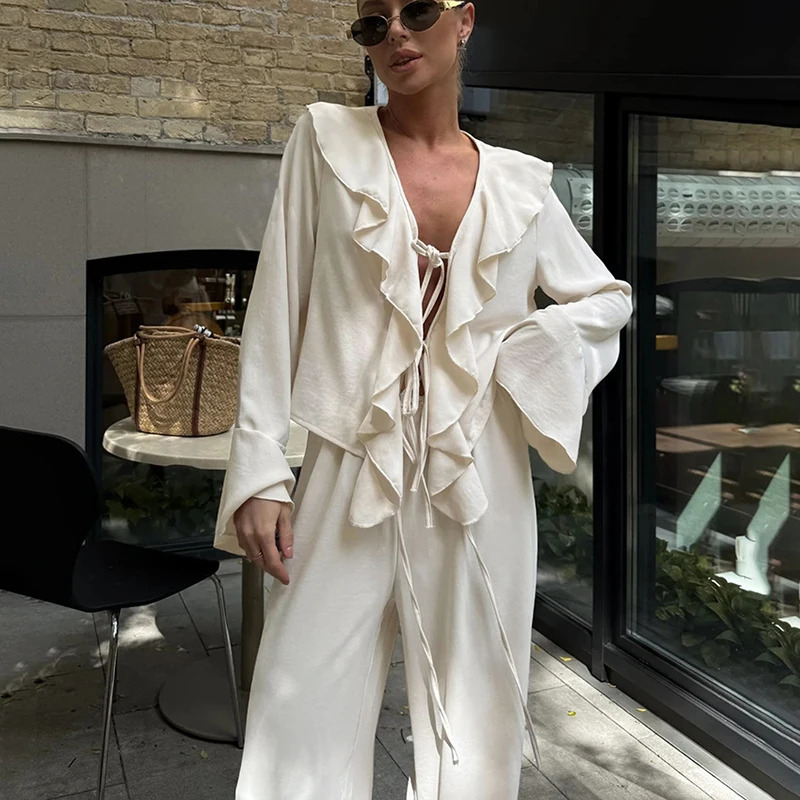 Tornova Ruffled Wideleg Pants Two Piece Set Female V Neck Long Sleeve T shirt Lace Up High Waist Loose Woman Casual Suit Solid 251013