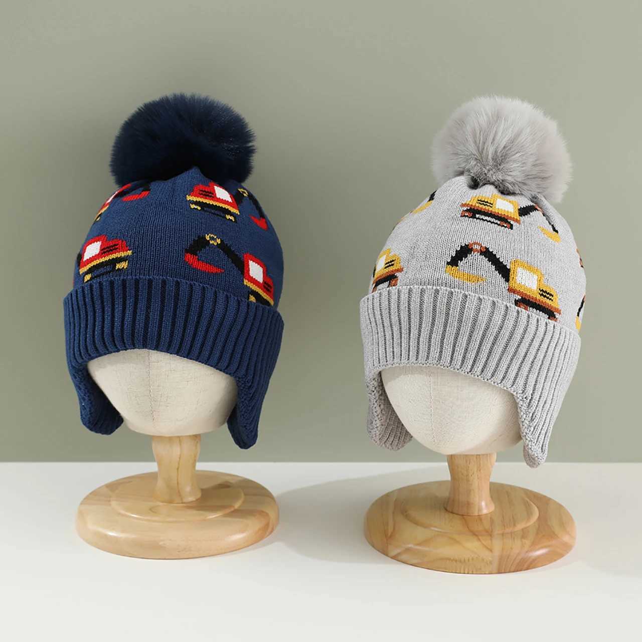 Pompom Beanies Winter Warm Baby Earmuffs Cap Toddler Ear Protection Hat 14year Kids Woolen Knit Hats Fashion Car Boys Bonnet J251021