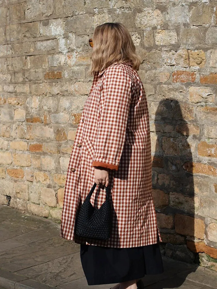 Women Plaid Long Windbreaker Fashion Chic Lapel Single Breasted Pocket Loose Jackets Lady Daily Commuting Street Outerwear 251021