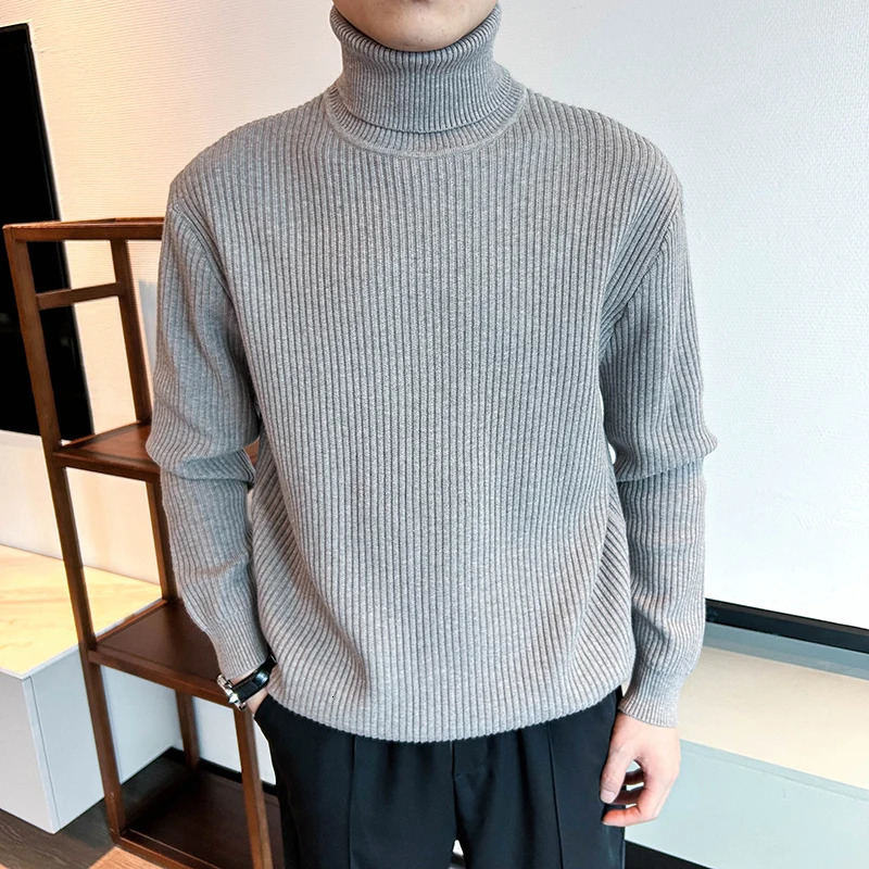 Casual Pullover Men Knit Turtleneck Sweater Autumn Winter Jacquard Striped Solid Korean Fashion Streetwear Clothing 251016