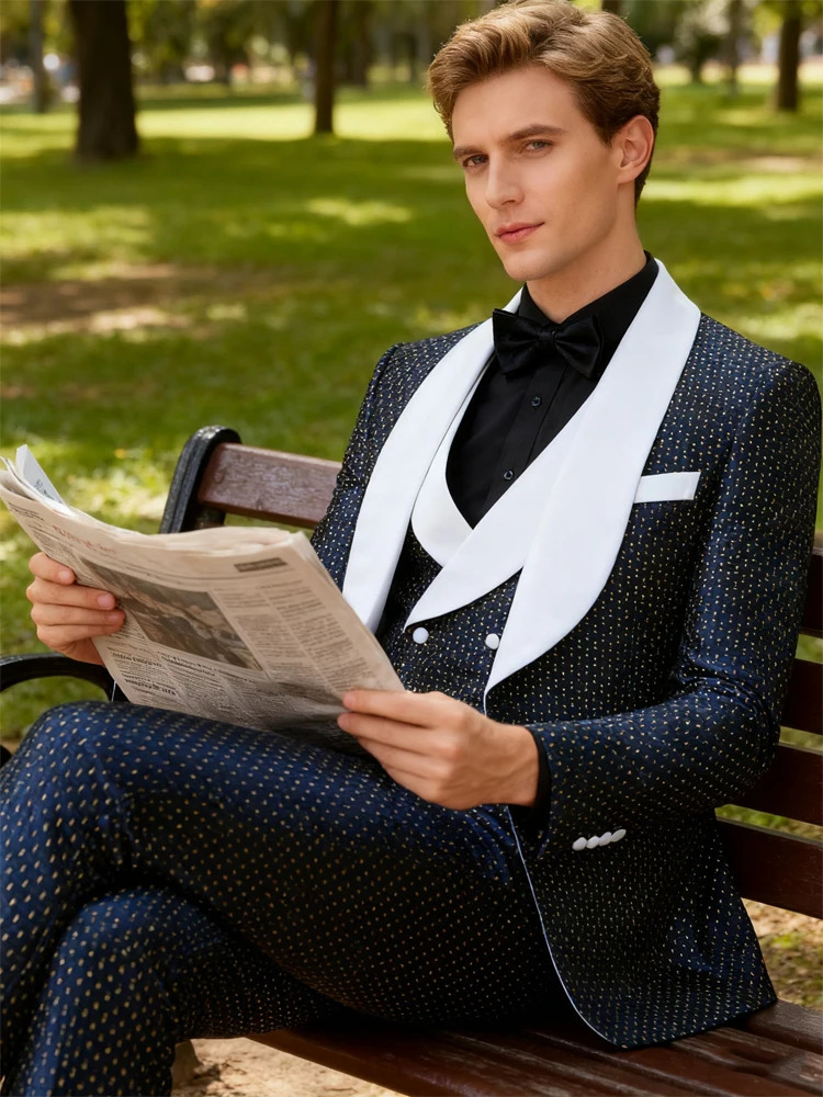 Mens threepiece slimfitting suit set including a tuxedo a singlebutton blazer a vest and stretch waist pants suitable f 251021