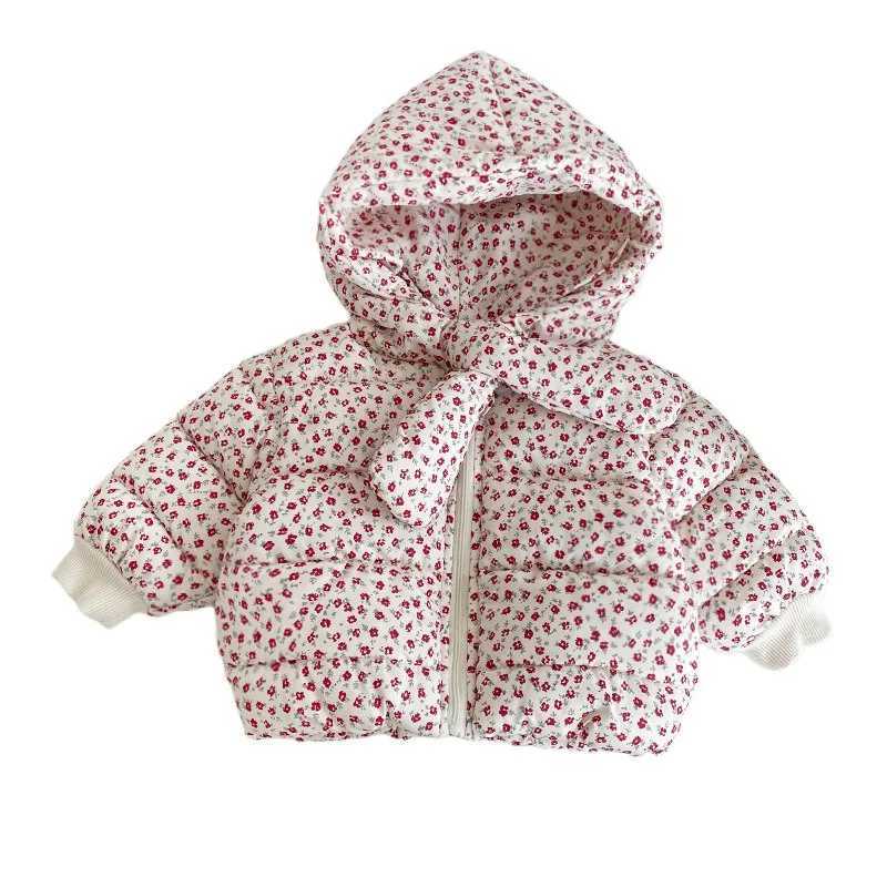 Baby Girls Korean Version Thick Floral Cotton Coat Winter Little Girls Stylish Hooded Scarf Warm Jacket Winter Cotton CoatT251021