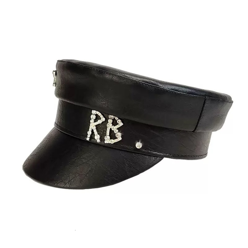 Fashion PU sboy Hat For Women Diamond Letter Flat Top Cap Solid Color Militray Hat Fashion Street Style Navy Hat 251016