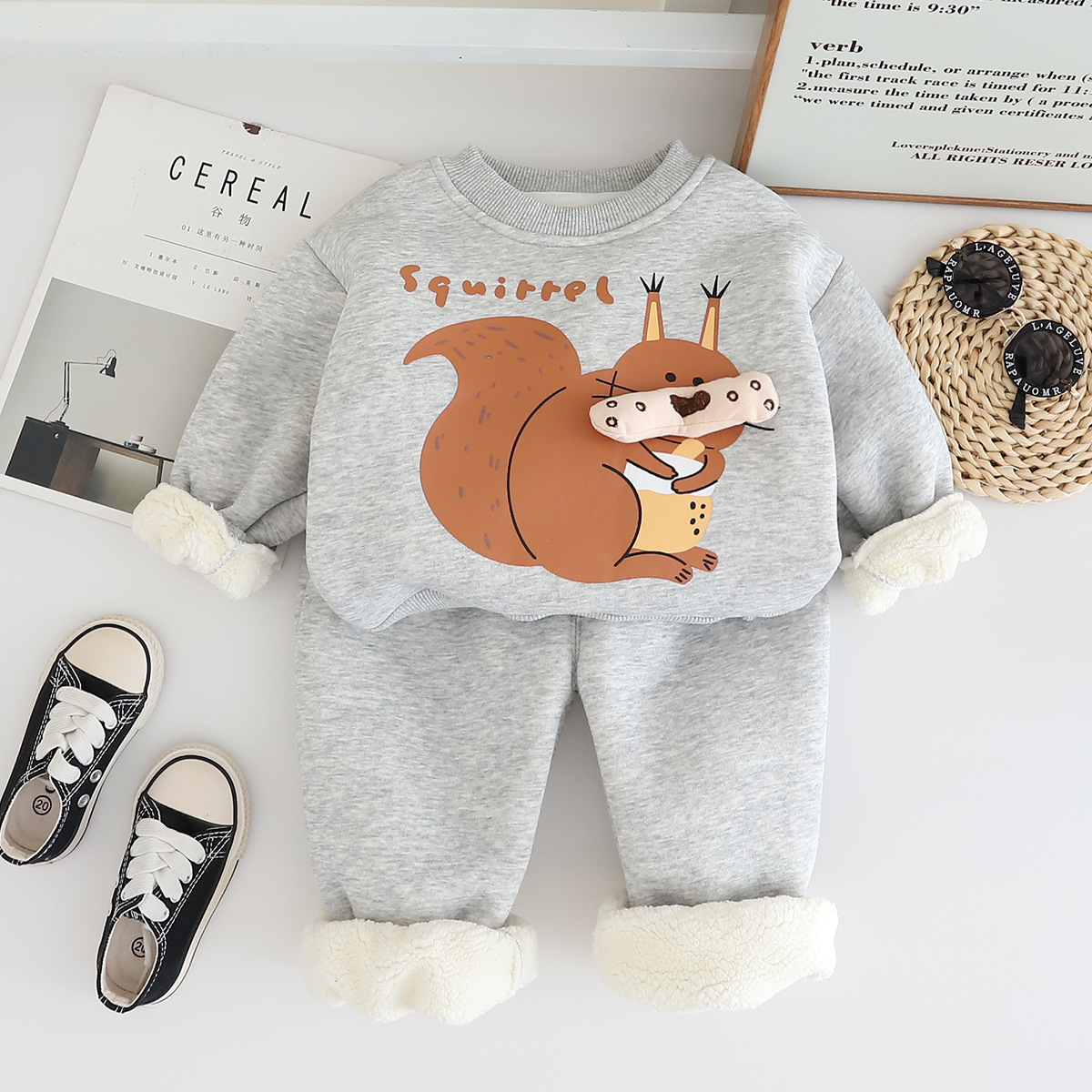 2025 Boys Cartoon Print Fleece-Lined Hoodie Set, Thickened Thermal Winter Outfit 2-Piece, Cozy Joggers for Toddlers