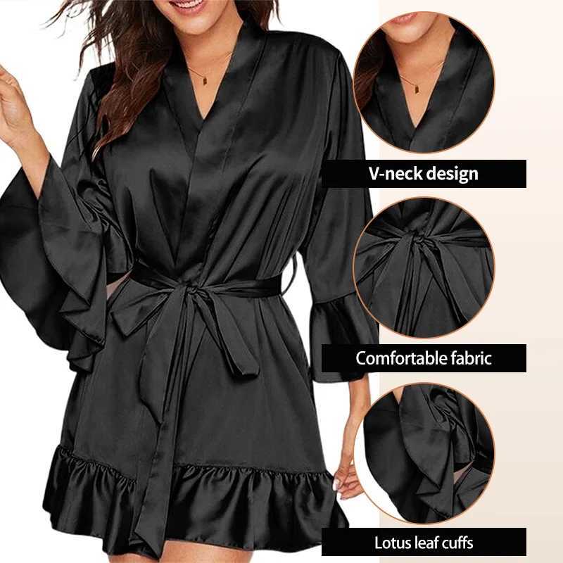 Womens Satin Nightgown Imitation Silk Solid Color Lotus Leaf Edge Cuff Belt Mini Skirt Womens Casual Nightgown Y251104
