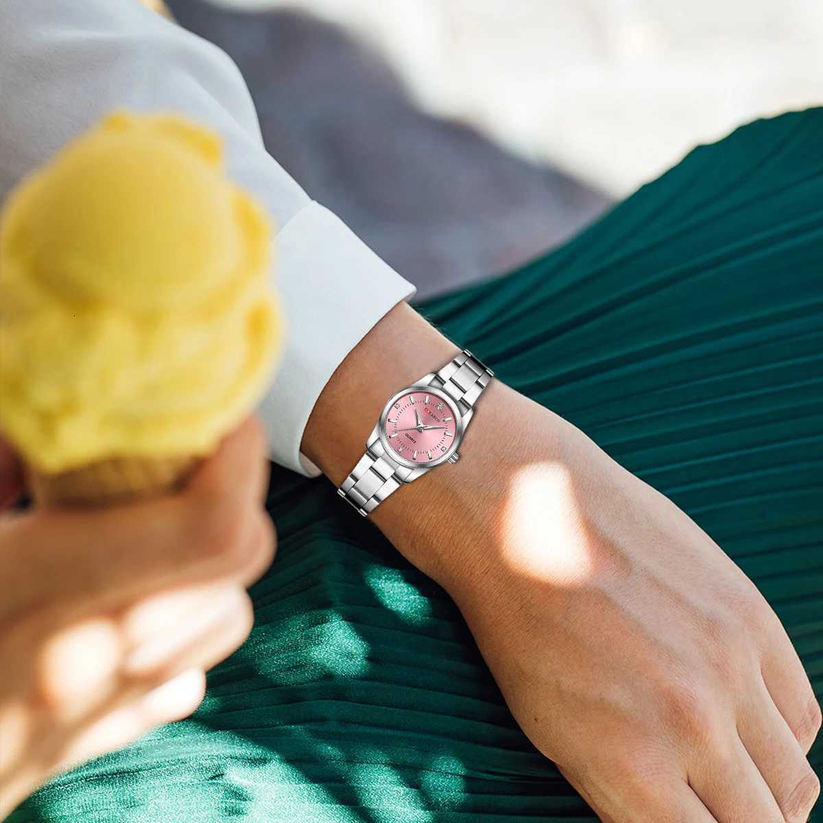 Luxury Womens 29mm Fashionable Stainl Steel Rhinestone Pink Minimalist Girl Clock Outdoor Travel Women Wrist esXJ251021