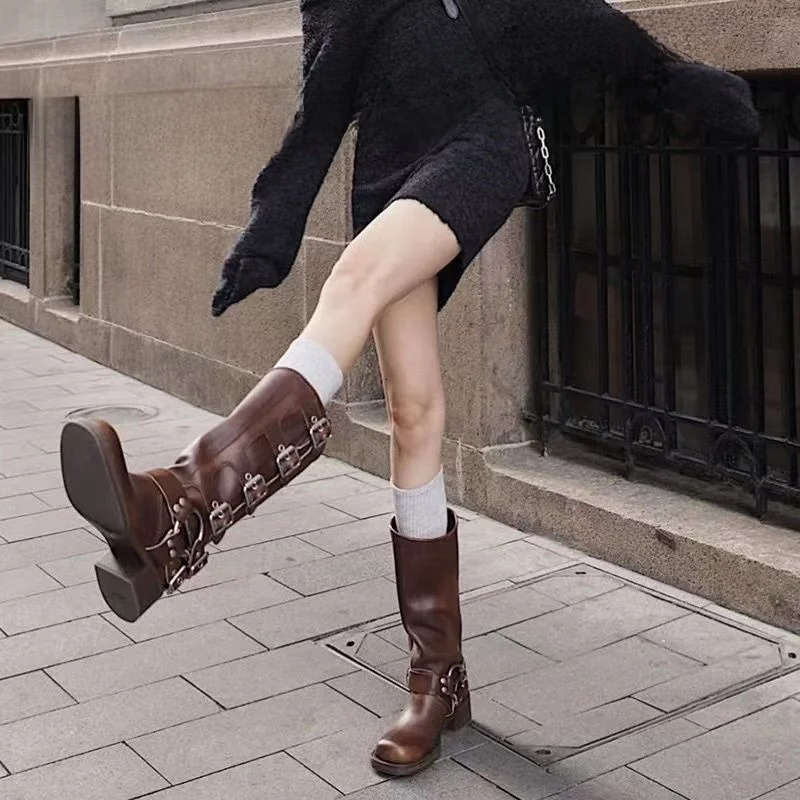 Rose Romance Knight Boots Womens Chunky Heel MidCalf Western Cowboy Boots eepskin Leather Inner Material PU Outer Material 251021