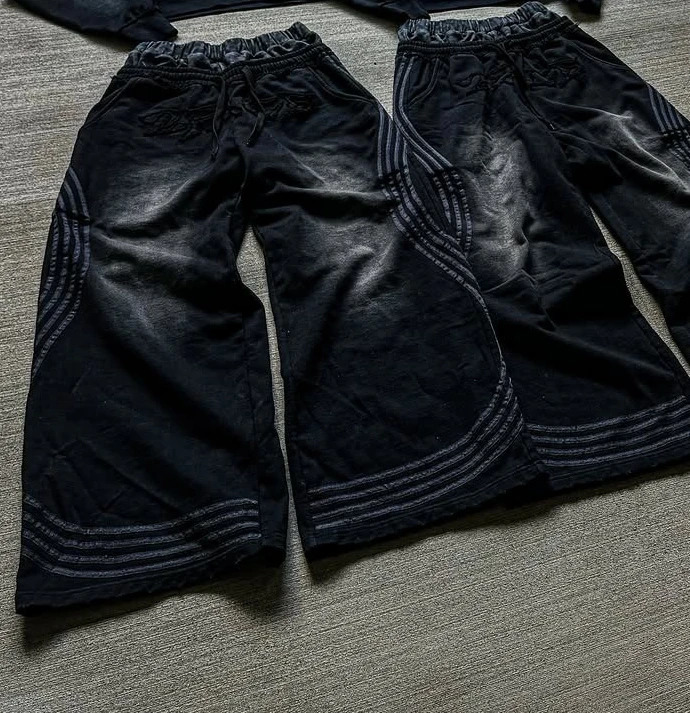 Streetwear American Retro Double Layer Sweatpants Y2K Clothes Mens Striped Embroidered Baggy Pants Washed Elastic Waist Trousers 251017