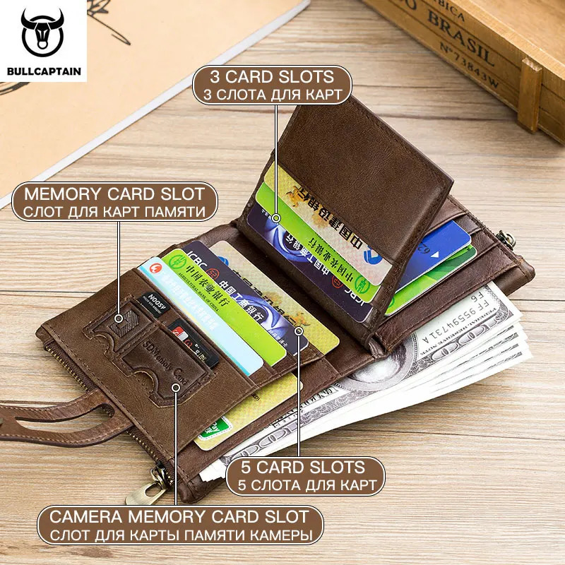 BULLCAPTAIN Genuine Leather RFID Men Wallet Credit Business Card Holders Double Zipper Cowhide Leather Wallet Purse Carteira 021 251013