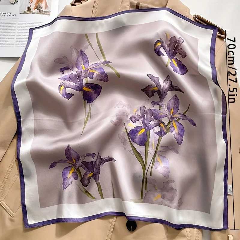 1pcs 70cm Hibiscus Flower Pattern Silk Scarf for Women Simulated Silk Purple Floral Scarfs Versatile Decorative Square Scarf W251021