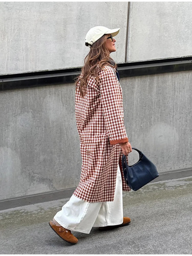 Women Checkered Long Trench Coats Full Sleeve Single Breasted Pockets Lapel Loose Maxi Coat 2025 Lady Autumn Daily Outerwear 251021