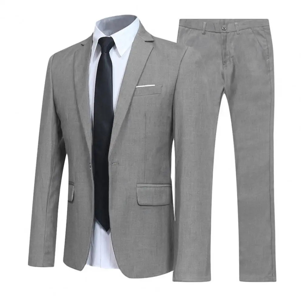 1 Set Men Jacket Pants Solid Color Turndown Collar Slim Fit Business Suit Set Groom Trousers for Wedding Office 251021