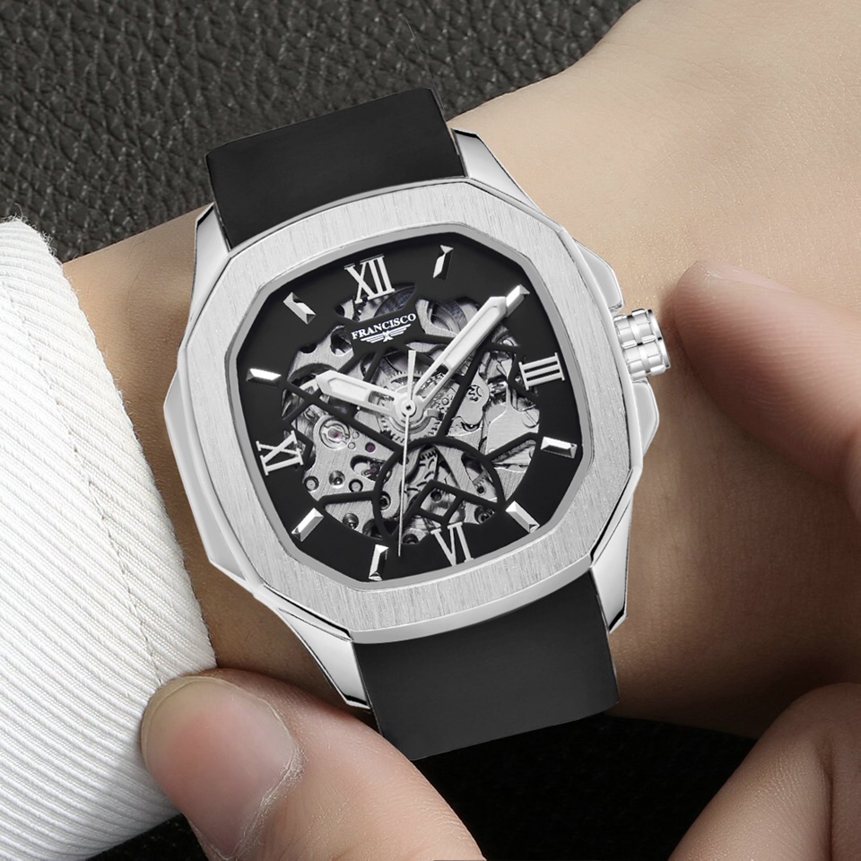 Luxury Gold Mens Skeleton Watch with Automatic Mechanical Movement Luminous Needles 3ATM Waterproof Silicone Strap