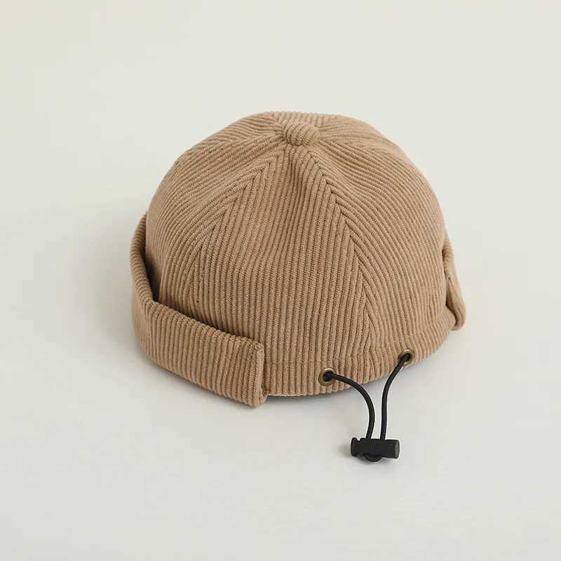 Solid Corduroy Children Landlord Hat Korean Kids Flipped Edge Beanie Bonnet Children Brimless Cap Boy Girl Toddler Docker Caps J251021