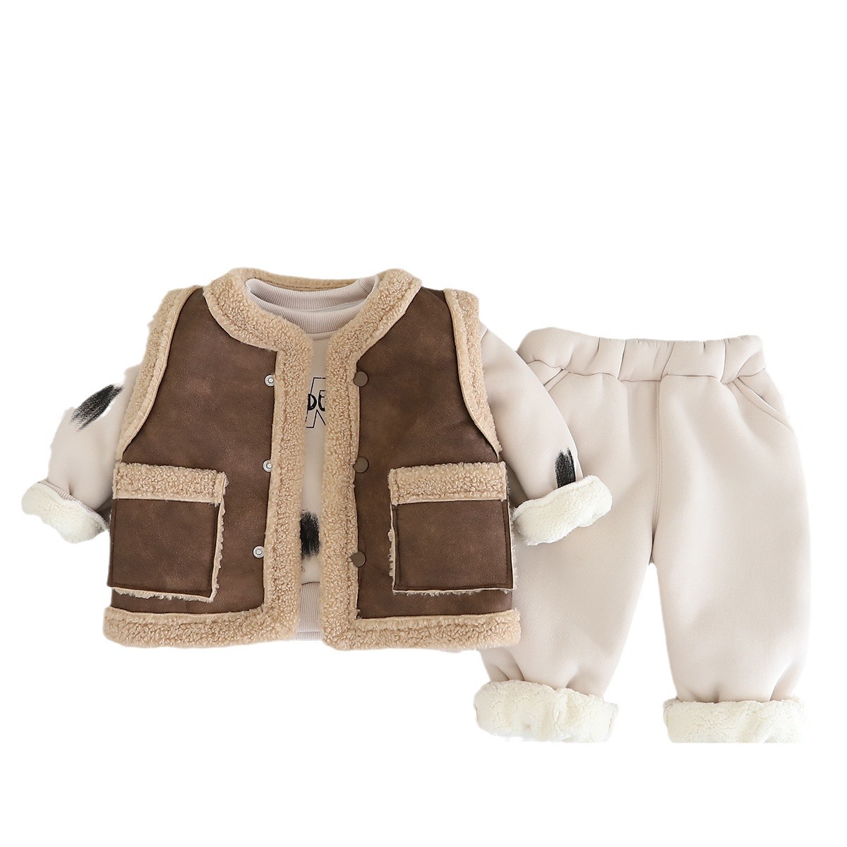 Winter Warm 2025 Boys Fleece-Lined 3-Piece Set, Hoodie Vest Pants Winter Outfit for Toddler Boys