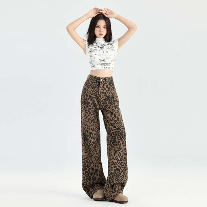 2025 Pink Leopard Pattern Designer Pants Women's Printed Jeans Autumn Thin Loose Autumn New High Waist Straight Tube Wide Leg Floor Length