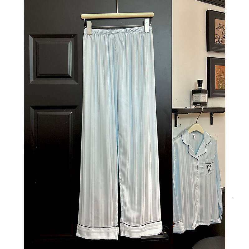 Water Blue Striped V Korean Style Sweet Women's Pajamas Autumn Winter Long Sleeve Ice Silk Comfortable Homewear Set