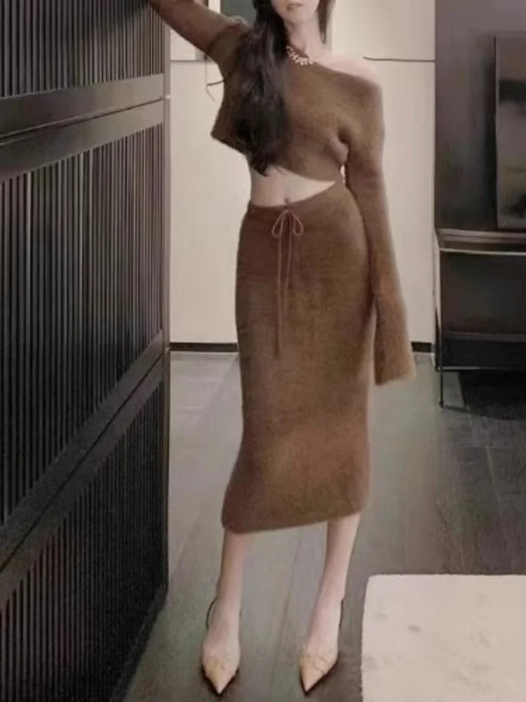 High End Soft Small Fragrant Style Mink Fur Knitted Sweater TwoPiece Set Women Temperament Long Skirt 2 Piece Outfits 251013