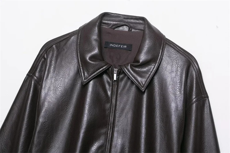 Womens Jacket Fall Dark Brown LongSleeved Faux Leather Bomber Casual Fashion Simple Personality 251021