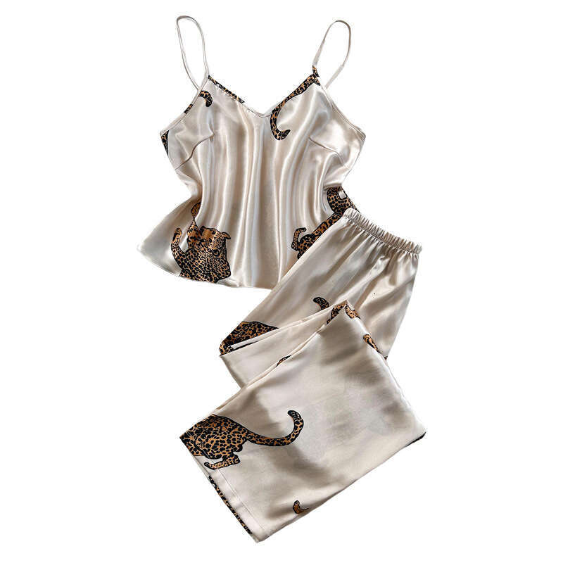 Leopard Print Camisole and Long Pants Fashionable Imitation Silk Homewear Pajama Set