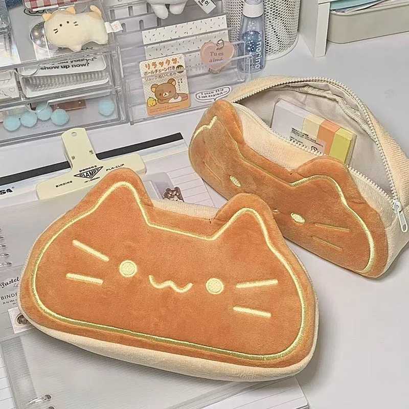 Japanese Cute Cartoon Caramel Cat Kawaii Plush Pen Case INS Large Capacity Cosmetic Storage Bag Coin PurseW251021